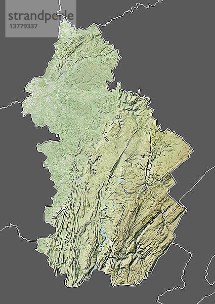 Reliefkarte des Departements Jura  Frankreich. Es ist die Heimat des Juragebirges und grenzt im Osten an die Schweiz. Dieses Bild wurde aus Daten der Satelliten LANDSAT 5 und 7 in Kombination mit Höhendaten erstellt.