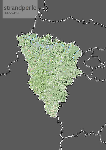 Reliefkarte des Departements Yvelines  Frankreich. Es befindet sich westlich von Paris. Dieses Bild wurde aus Daten der Satelliten LANDSAT 5 und 7 in Kombination mit Höhendaten erstellt.