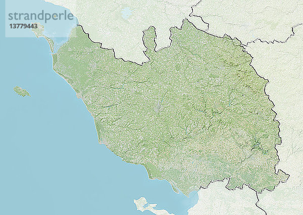 Reliefkarte des Departements Vendee  Frankreich. Es grenzt im Westen an den Atlantik und umfasst die Inseln Ile d´Yeu und Noirmoutier. Dieses Bild wurde aus Daten der Satelliten LANDSAT 5 und 7 in Kombination mit Höhendaten erstellt.