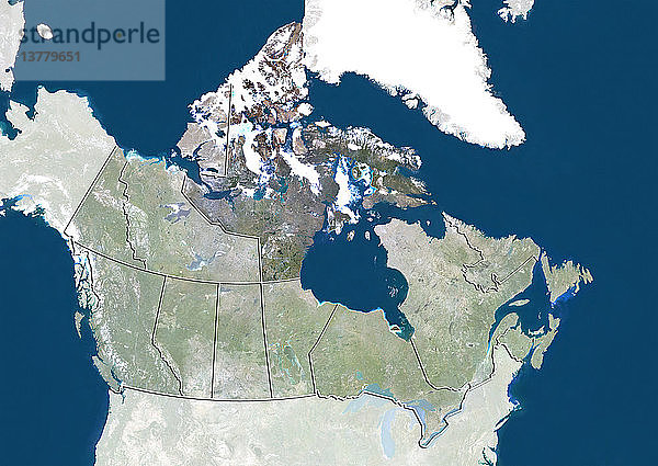 Satellitenbild von Kanada mit dem Territorium von Nunavut. Dieses Bild wurde aus Daten zusammengestellt  die von den Satelliten LANDSAT 5 und 7 erfasst wurden.