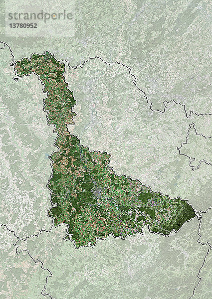 Satellitenbild des Departements Meurthe-et-Moselle  Frankreich. Es grenzt im Norden an Luxemburg und Belgien. Dieses Bild wurde aus Daten der Satelliten LANDSAT 5 und 7 erstellt.
