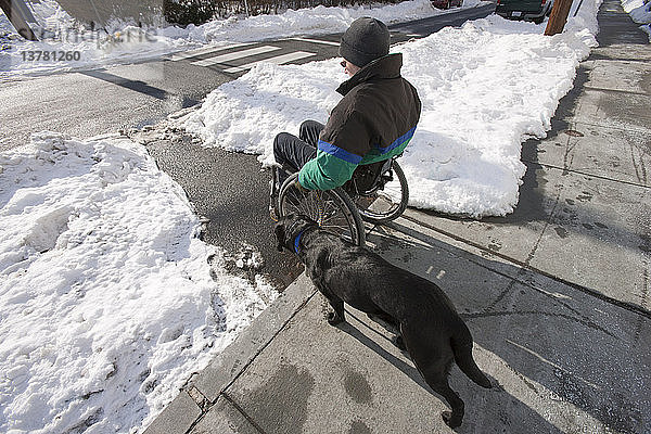 Eine Frau mit Multipler Sklerose im Rollstuhl mit einem Diensthund versucht  im Winter über einen Bordstein zu kommen
