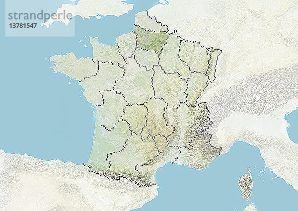 Reliefkarte von Frankreich  die die Region Picardie zeigt. Dieses Bild wurde aus Daten der Satelliten LANDSAT 5 und 7 in Kombination mit Höhendaten erstellt.