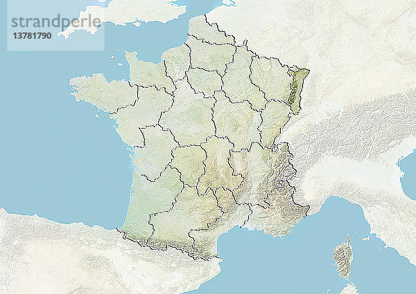 Reliefkarte von Frankreich  die die Region Elsass zeigt. Dieses Bild wurde aus Daten der Satelliten LANDSAT 5 und 7 in Kombination mit Höhendaten erstellt.