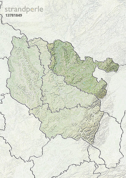 Reliefkarte des Departements Moselle in Lothringen  Frankreich. Es grenzt im Norden an Luxemburg und Deutschland. Dieses Bild wurde aus Daten der Satelliten LANDSAT 5 und 7 in Kombination mit Höhendaten erstellt.