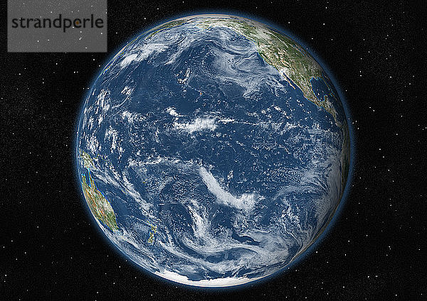 Diese Satellitenansicht zeigt den Erdglobus auf Sternenhintergrund mit Fokus auf den Pazifischen Ozean.