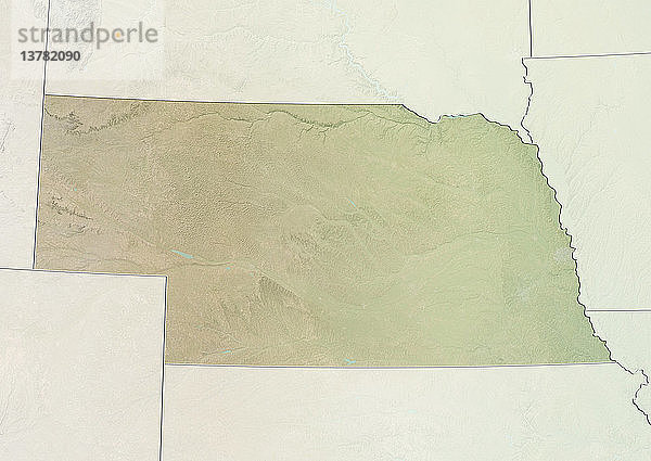 Reliefkarte des Bundesstaates Nebraska  Vereinigte Staaten. Dieses Bild wurde aus Daten der Satelliten LANDSAT 5 und 7 in Kombination mit Höhendaten erstellt.