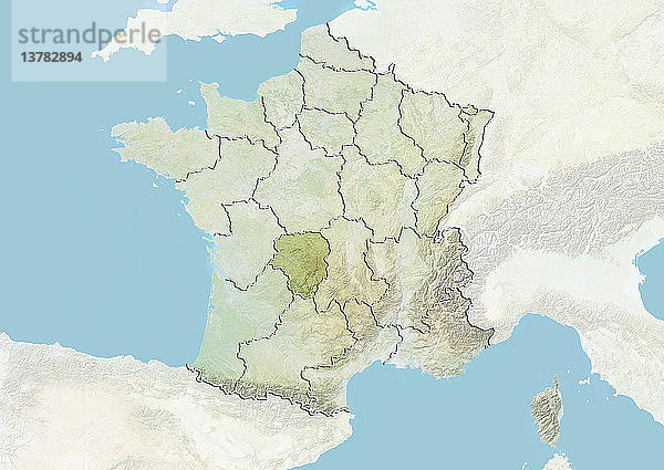 Reliefkarte von Frankreich  die die Region Limousin zeigt. Dieses Bild wurde aus Daten der Satelliten LANDSAT 5 und 7 in Kombination mit Höhendaten erstellt.