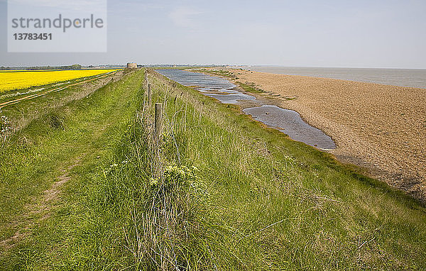 Durch die Nord-Süd-Drift entstandene Kiesstrandbarriere und Lagune bei Bawdsey  Suffolk  England