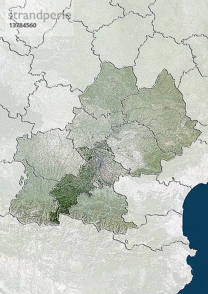 Satellitenbild des Departements Haute-Garonne in Midi-Pyrenäen  Frankreich. Der äußerste Süden des Departements liegt im Pyrenäengebirge und grenzt an Spanien. Dieses Bild wurde aus Daten der Satelliten LANDSAT 5 und 7 erstellt.