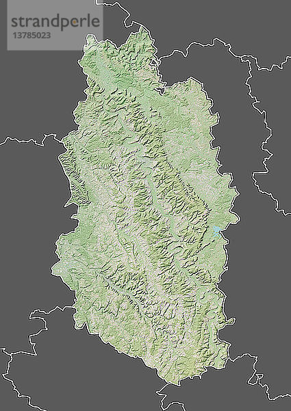 Reliefkarte des Departements Meuse  Frankreich. Es wird im Norden von Belgien begrenzt. Dieses Bild wurde aus Daten der Satelliten LANDSAT 5 und 7 in Kombination mit Höhendaten erstellt.