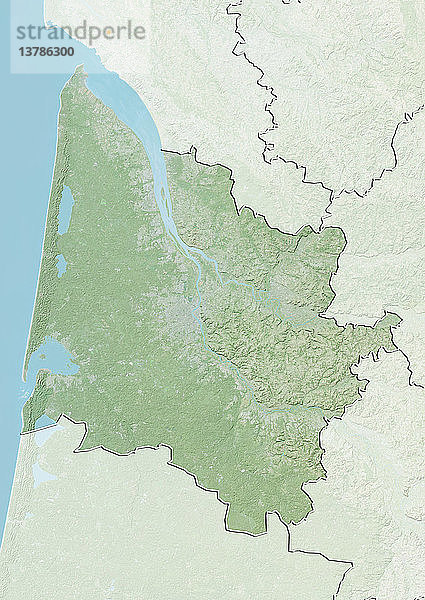 Reliefkarte des Departements Gironde  Frankreich. Im Westen grenzt es an den Atlantischen Ozean. Das Gebiet ist bekannt für die Weinregion Bordeaux. Dieses Bild wurde aus Daten der Satelliten LANDSAT 5 und 7 in Kombination mit Höhendaten erstellt.