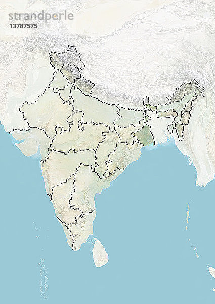 Reliefkarte von Indien  die den Bundesstaat Westbengalen zeigt. Dieses Bild wurde aus Daten der Satelliten LANDSAT 5 und 7 in Kombination mit Höhendaten erstellt.
