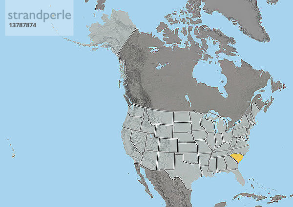 Reliefkarte des Bundesstaates South Carolina  Vereinigte Staaten. Dieses Bild wurde aus Daten der Satelliten LANDSAT 5 und 7 in Kombination mit Höhendaten erstellt.