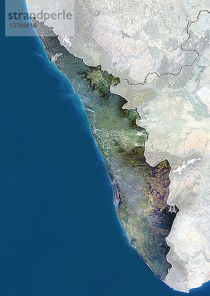 Satellitenbild des Bundesstaates Kerala  Indien. Dieses Bild wurde aus Daten zusammengestellt  die von den Satelliten LANDSAT 5 und 7 erfasst wurden.