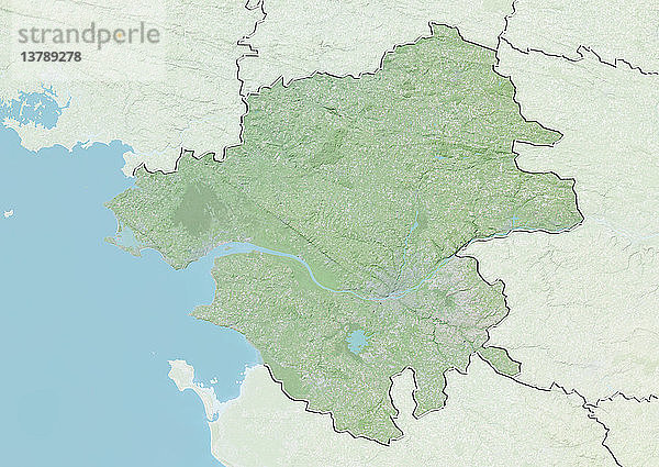 Reliefkarte des Departements Loire-Atlantique  Frankreich. Es wird im Westen vom Atlantik begrenzt. Dieses Bild wurde aus Daten der Satelliten LANDSAT 5 und 7 in Kombination mit Höhendaten erstellt.