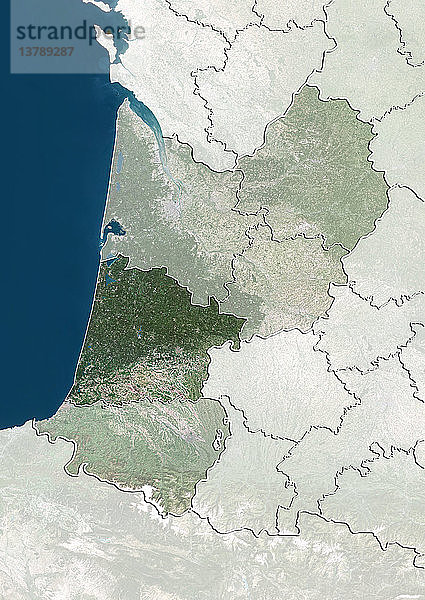 Satellitenbild des Departements Landes in Aquitanien  Frankreich. Es grenzt im Westen an den Atlantischen Ozean. Dieses Bild wurde aus Daten zusammengestellt  die von den Satelliten LANDSAT 5 und 7 erfasst wurden.
