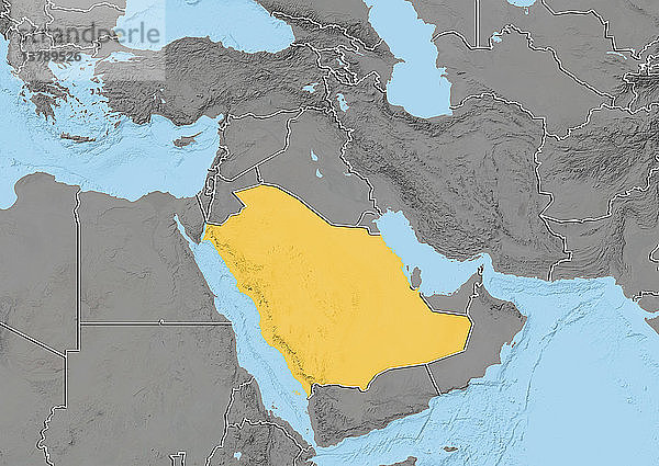 Reliefkarte von Saudi-Arabien im Nahen Osten mit Ländergrenzen. Diese Karte wurde aus Höhendaten erstellt.
