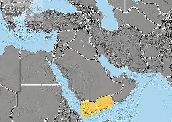 Reliefkarte von Jemen im Nahen Osten mit Ländergrenzen. Diese Karte wurde aus Höhendaten erstellt.