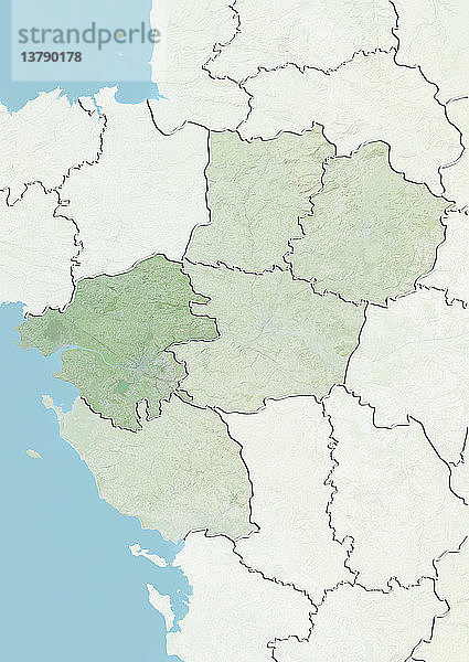 Reliefkarte des Departements Loire-Atlantique in Pays-de-la-Loire  Frankreich. Es grenzt im Westen an den Atlantischen Ozean. Dieses Bild wurde aus Daten der Satelliten LANDSAT 5 und 7 in Kombination mit Höhendaten erstellt.