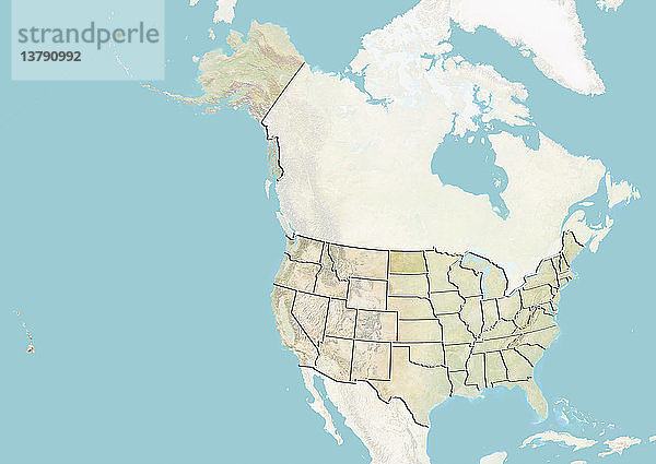 Reliefkarte der Vereinigten Staaten  die den Bundesstaat North Dakota zeigt. Dieses Bild wurde aus Daten der Satelliten LANDSAT 5 und 7 in Kombination mit Höhendaten erstellt.