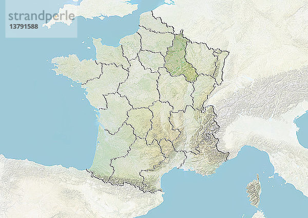 Reliefkarte von Frankreich  die die Region Champagne-Ardenne zeigt. Dieses Bild wurde aus Daten der Satelliten LANDSAT 5 und 7 in Kombination mit Höhendaten erstellt.