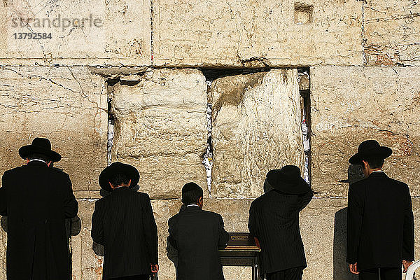 Ultra-orthodoxe jüdische Männer und Jungen beten an der Klagemauer in der Altstadt von Jerusalem