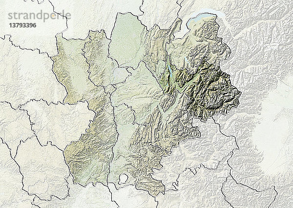 Reliefkarte des Departements Savoie in Rhone-Alpes  Frankreich. Das Departement grenzt im Osten an Italien  ist Teil der französischen Alpen und verfügt über viele bekannte Skigebiete. Dieses Bild wurde aus Daten der Satelliten LANDSAT 5 und 7 in Kombination mit Höhendaten erstellt.