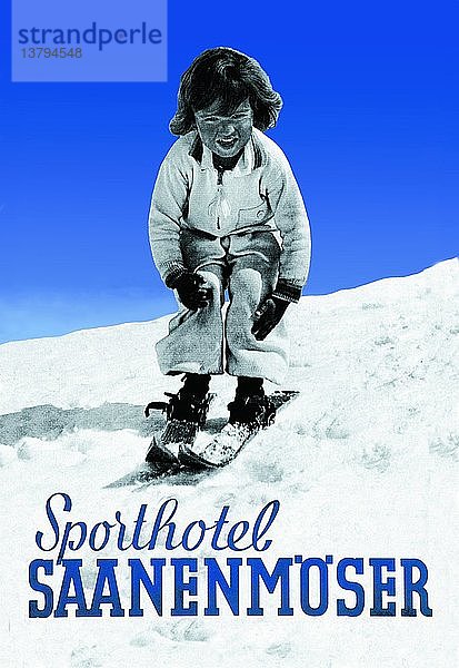 Sporthotel Saanenmoser: Kleines Mädchen beim Skifahren 1935