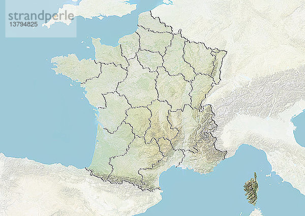 Reliefkarte von Frankreich  die die Region Korsika zeigt. Dieses Bild wurde aus Daten der Satelliten LANDSAT 5 und 7 in Kombination mit Höhendaten erstellt.
