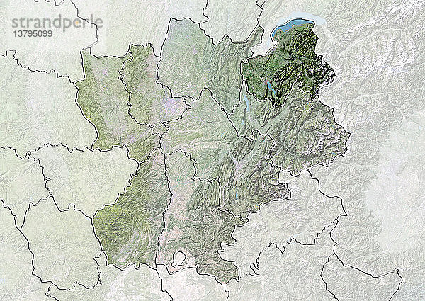 Satellitenbild mit Bodenwelleneffekt des Departements Haute-Savoie in Rhone-Alpes  Frankreich. Reliefkarte des Departements Haute-Savoie  Frankreich. Im Norden liegen der Genfer See und die Schweiz  im Süden und Südosten der Mont Blanc und die Alpen. Dieses Bild wurde aus Daten der Satelliten LANDSAT 5 und 7 in Kombination mit Höhendaten erstellt.