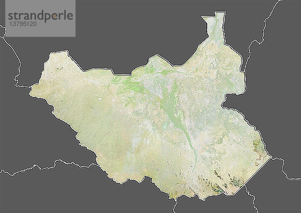 Reliefkarte von Südsudan (mit Grenze und Maske). Dieses Bild wurde aus Daten der Satelliten Landsat 5 und 7 in Kombination mit Höhendaten erstellt.