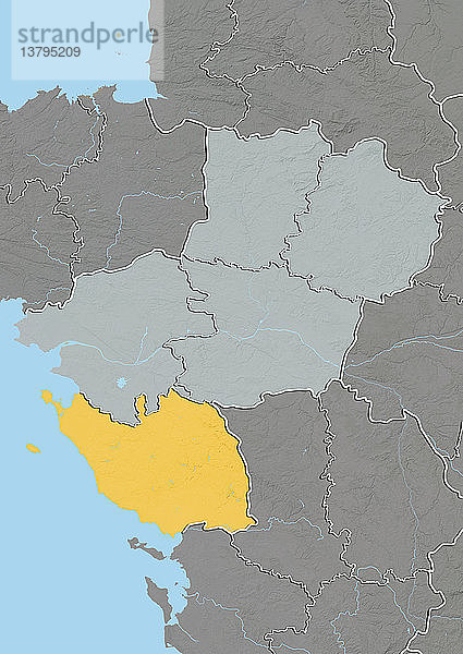 Reliefkarte des Departements Vendee in Pays-de-la-Loire  Frankreich. Es grenzt im Westen an den Atlantischen Ozean und umfasst die Inseln Ile d´Yeu und Noirmoutier. Dieses Bild wurde aus Höhendaten verarbeitet.