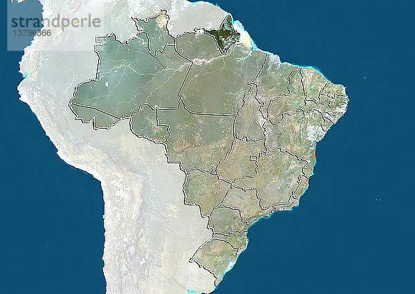 Satellitenbild von Brasilien  das den Bundesstaat Amapa zeigt. Dieses Bild wurde aus Daten zusammengestellt  die von den Satelliten LANDSAT 5 und 7 erfasst wurden.