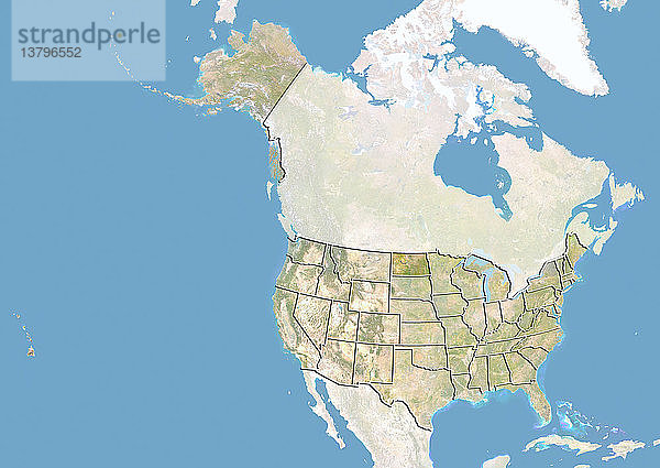 Satellitenbild der Vereinigten Staaten mit Bodenwelleneffekt  das den Bundesstaat North Dakota zeigt. Dieses Bild wurde aus Daten der Satelliten LANDSAT 5 und 7 in Kombination mit Höhendaten erstellt.