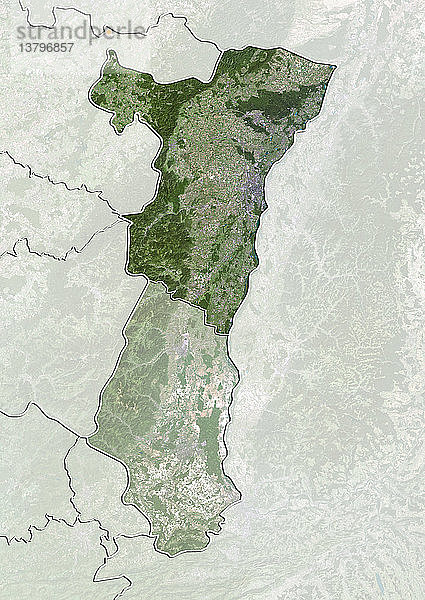Satellitenbild des Departements Bas-Rhin im Elsass  Frankreich. Es wird im Osten durch den Rhein begrenzt. Dieses Bild wurde aus Daten der Satelliten LANDSAT 5 und 7 zusammengestellt.