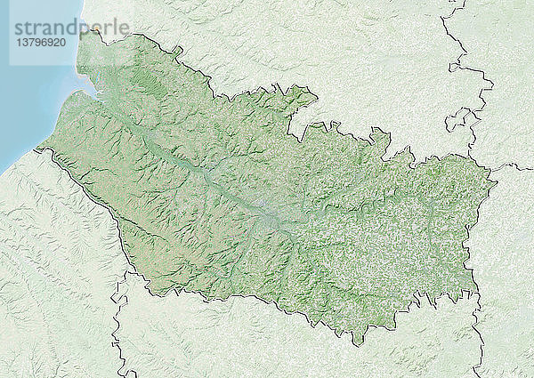 Reliefkarte des Departements Somme  Frankreich. Es liegt an der Nordküste Frankreichs und wird durch den Ärmelkanal begrenzt. Dieses Bild wurde aus Daten der Satelliten LANDSAT 5 und 7 in Kombination mit Höhendaten erstellt.