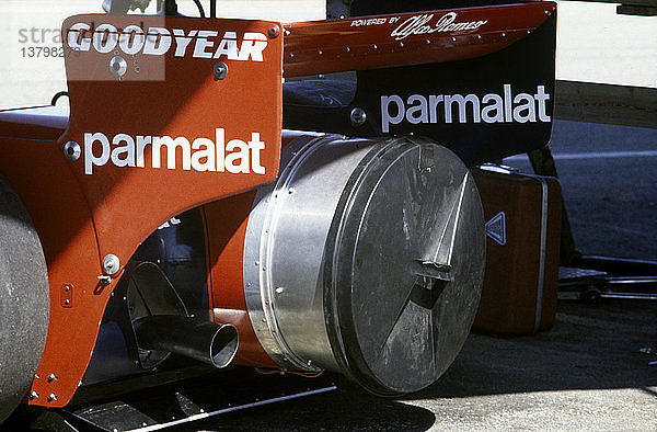 Ventilatorausfluss am Heck des Brabham-Alfa BT46B Fan Car. Der Ventilator saugte das Auto auf die Straße. Es wurde nur ein einziges Mal bei diesem schwedischen GP in Anderstorp von Teambesitzer Bernie Ecclestone gefahren  1977.