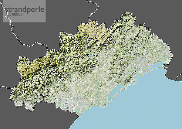 Reliefkarte des Departements Herault  Frankreich. Im Norden befinden sich die Cevennen und im Süden das Mittelmeer. Dieses Bild wurde aus Daten der Satelliten LANDSAT 5 und 7 in Kombination mit Höhendaten erstellt.