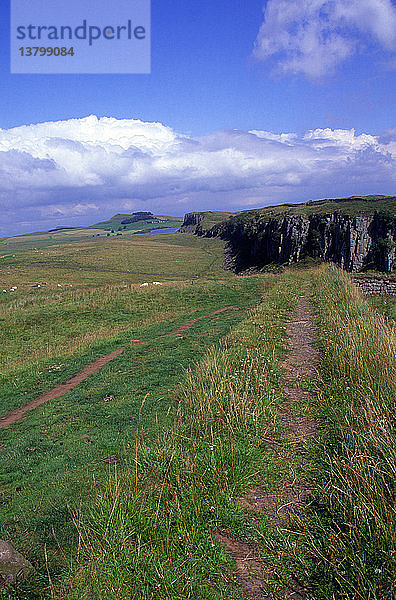 Das widerstandsfähige Gestein der Whin Sill bildet den Steel Rigg  einen Teil des Hadrianswalls  Northumberland  England