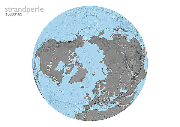 Dieses Bild zeigt den Erdglobus auf weißem Hintergrund mit Fokus auf den Nordpol  mit Ländergrenzen und Meeresrelief.