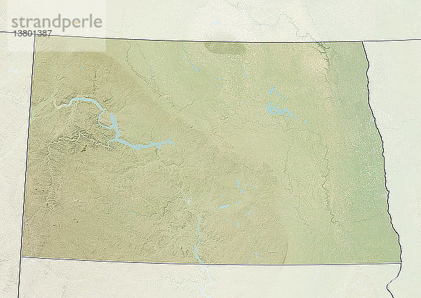 Reliefkarte des Bundesstaates North Dakota  Vereinigte Staaten. Dieses Bild wurde aus Daten der Satelliten LANDSAT 5 und 7 in Kombination mit Höhendaten erstellt.