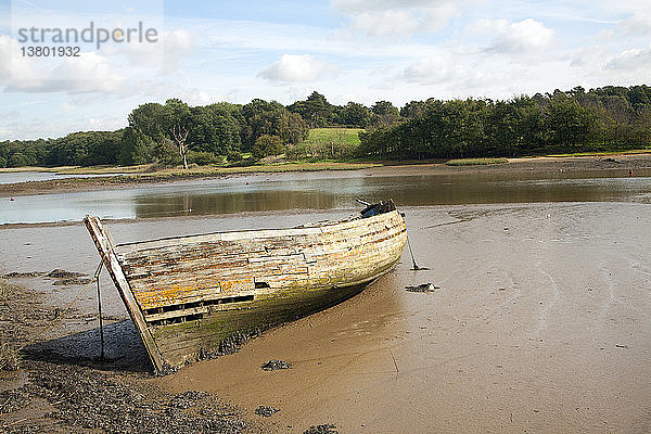 Altes verlassenes Boot auf dem Fluss Deben bei Ebbe  Melton  Suffolk  England