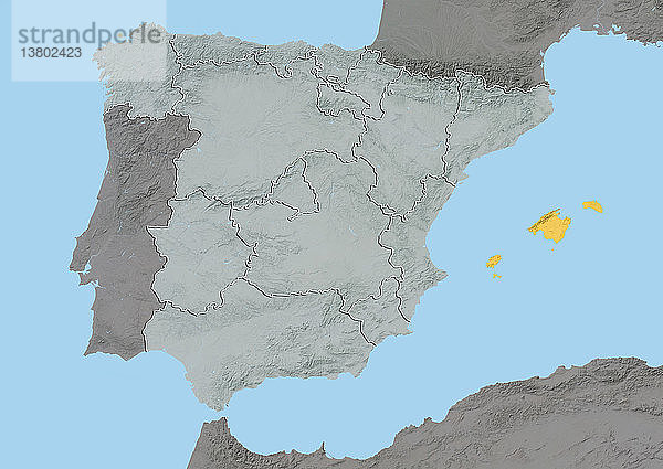 Reliefkarte der Balearischen Inseln  Spanien. Dieses Bild wurde aus Daten der Satelliten LANDSAT 5 und 7 in Kombination mit Höhendaten erstellt.