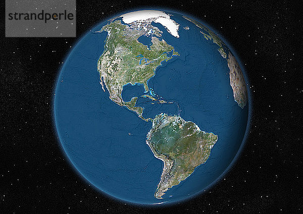 Diese Satellitenansicht zeigt den Erdglobus auf Sternenhintergrund mit Schwerpunkt auf Nord- und Südamerika  mit Meeresrelief.