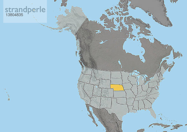 Reliefkarte des Bundesstaates Nebraska  Vereinigte Staaten. Dieses Bild wurde aus Daten der Satelliten LANDSAT 5 und 7 in Kombination mit Höhendaten erstellt.