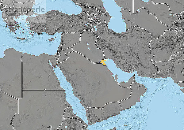 Reliefkarte von Kuwait im Nahen Osten mit Ländergrenzen. Diese Karte wurde aus Höhendaten erstellt.