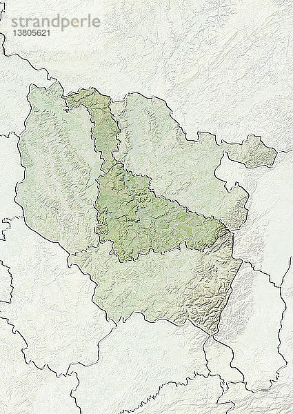 Reliefkarte des Departements Meurthe-et-Moselle in Lothringen  Frankreich. Es wird im Norden von Luxemburg und Belgien begrenzt. Dieses Bild wurde aus Daten der Satelliten LANDSAT 5 und 7 in Kombination mit Höhendaten erstellt.