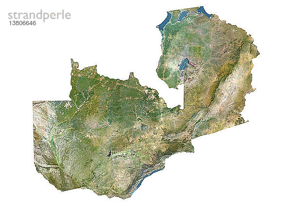 Satellitenbild von Sambia. Dieses Bild wurde aus Daten des LANDSAT-Satelliten zusammengestellt.
