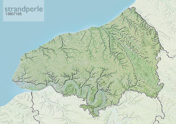 Reliefkarte des Departements Seine-Maritime  Frankreich. Es befindet sich an der Nordküste Frankreichs  an der Mündung der Seine. Dieses Bild wurde aus Daten der Satelliten LANDSAT 5 und 7 in Kombination mit Höhendaten erstellt.